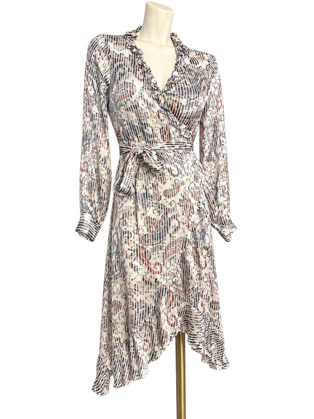 Maje Cream Wrap Dress with Blue and Multicolor pinstriped Print